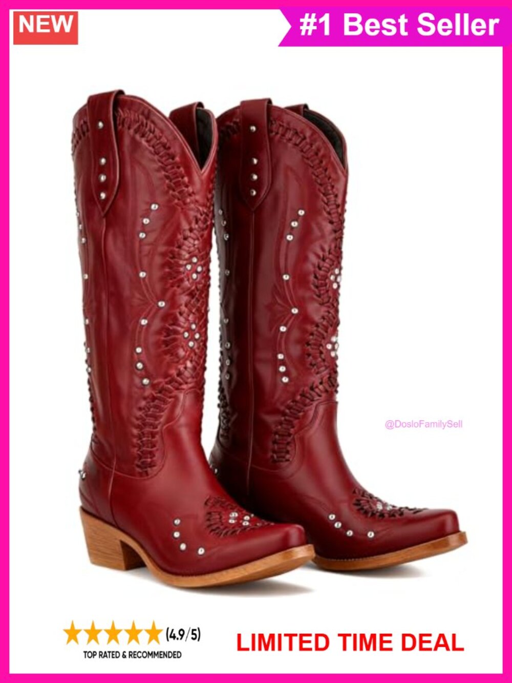 Knee High Western Cowboy Boots Vegan Leather Embroidered Chunky Heel Women